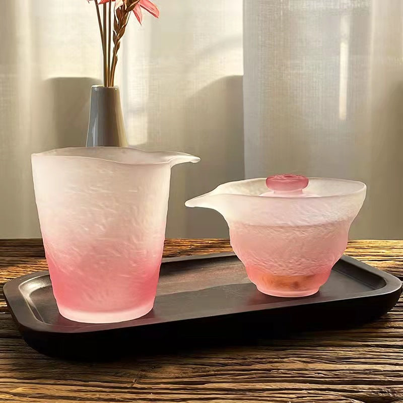 2024National Trend Pink Women's Frosted Glass Tea Set with Gaiwan, Gongdao Cup, Tea Cup, and Tasting Cup Complete Set