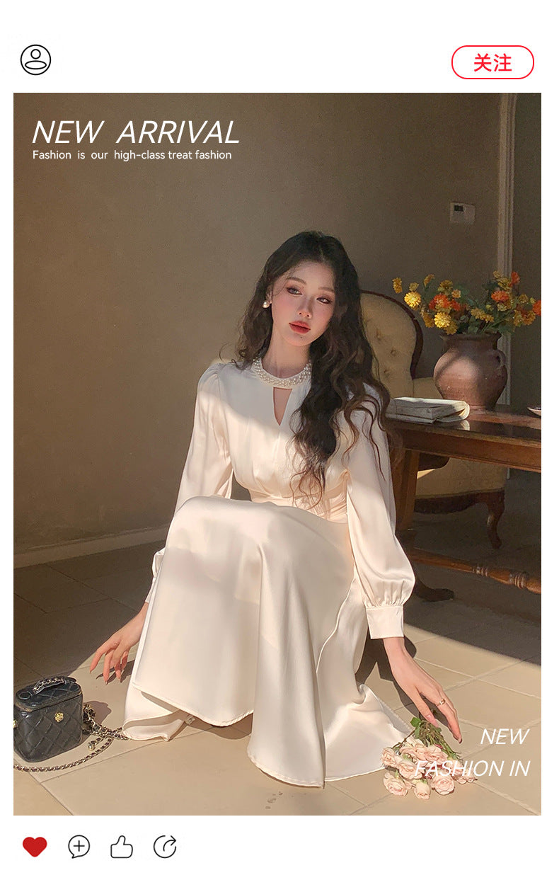 French A Line skirt2025Spring and Summer New Women's Long Sleeve Dress Waist Slimming Elegant Acetate Satin Long Dress