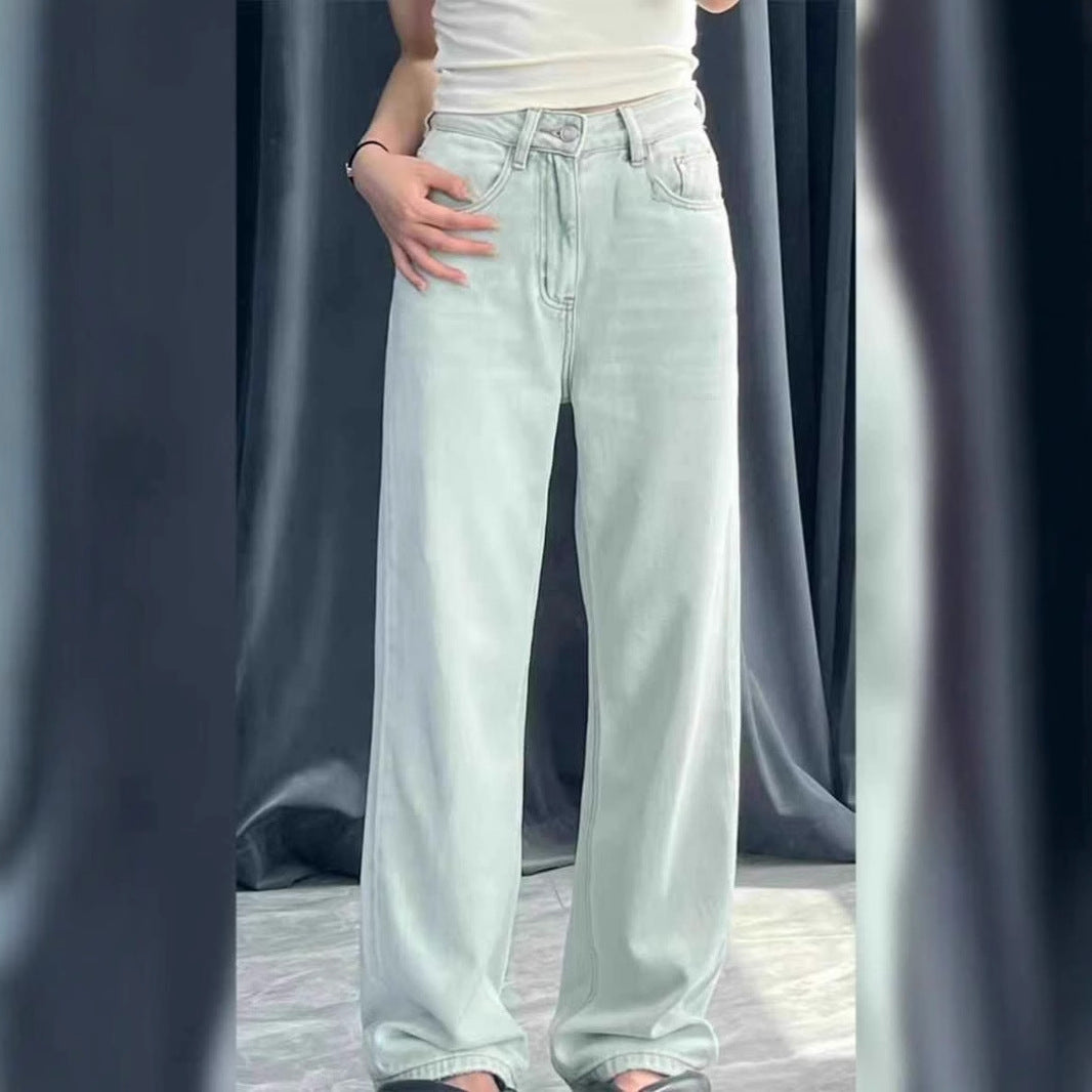 Spring and Autumn High Waist Mint Green Wide Leg Jeans for Women2025New Year's New Slimming Hip Covering Loose Straight Long Pants