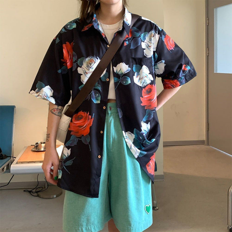 Summer Short Sleeve Floral Shirt for Men and Women Hawaiian Retro Hong Kong Style Loose Ice Silk Shirt Couple Outfit