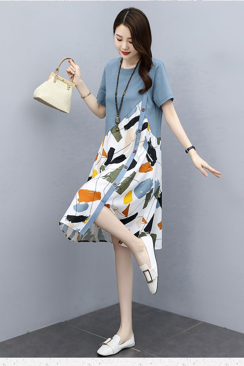 Summer Plus Size Fashion Patchwork Dress2025New Loose Slimming Belly-Covering Age-Reducing Elegant Fake Two-Piece Dress