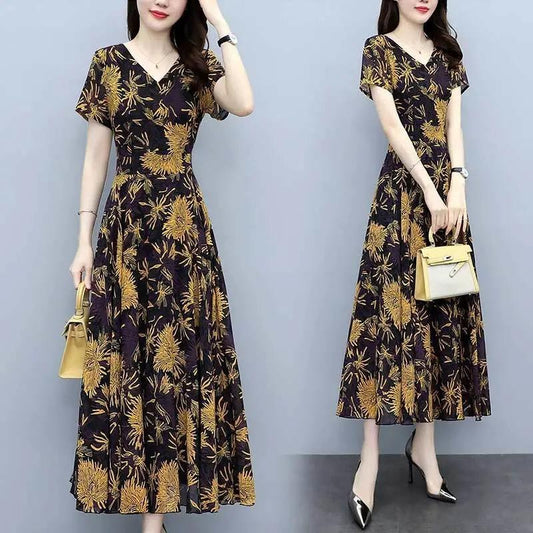 2022Summer New Chiffon Floral Dress Slimming Waist Plus Size Women mm Tummy-Covering Elegant Long Dress