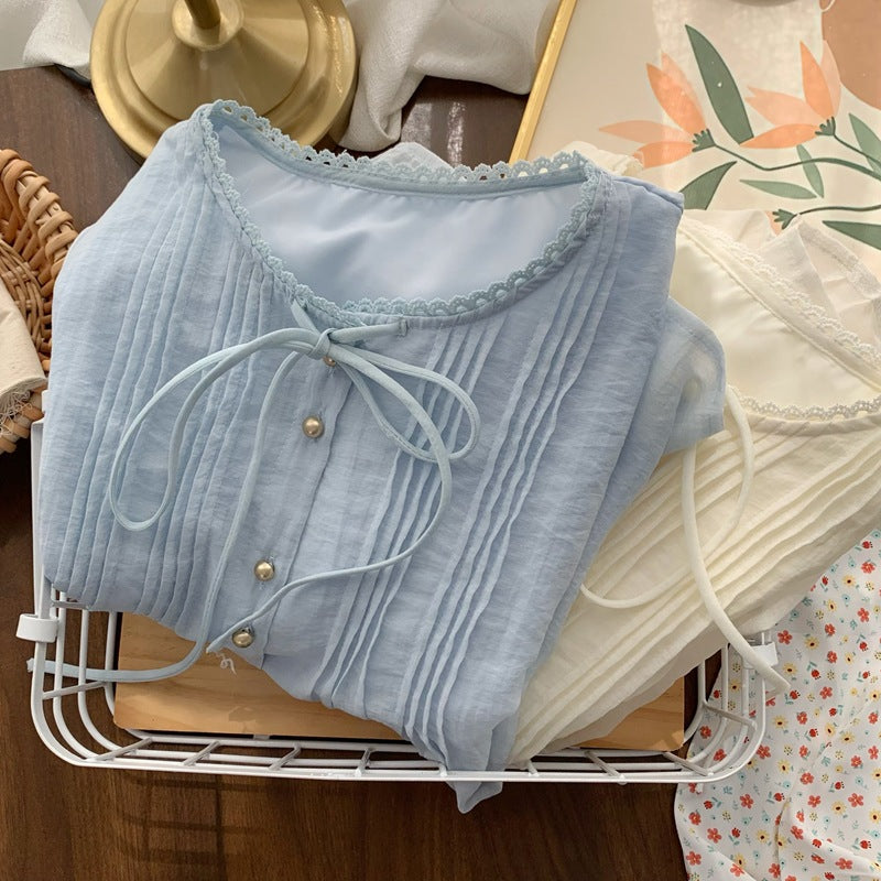 Real Shot◆Private Server Edition！French Style Round Neck Breathable Comfortable Light Pink Lace-Up Loose Shirt Chiffon Blouse