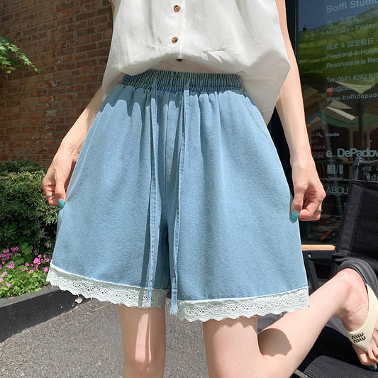 Japanese Style Wide-Leg Jeans for Women2025High Waist Lace Trim Casual Shorts Loose Straight Five-Point Shorts Trendy