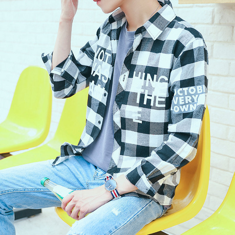 2025Plaid Long Sleeve Shirt Men Korean Version Slim Fit Youth Trendy Handsome Shirt Couple Casual Thin Shirt