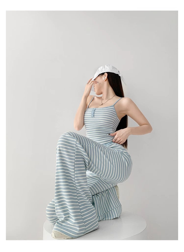 Home Lazy Relaxed Striped Slimming Wide-Leg Pants for Women Summer Hot Girl Fashion Camisole Vest Casual Two-Piece Set