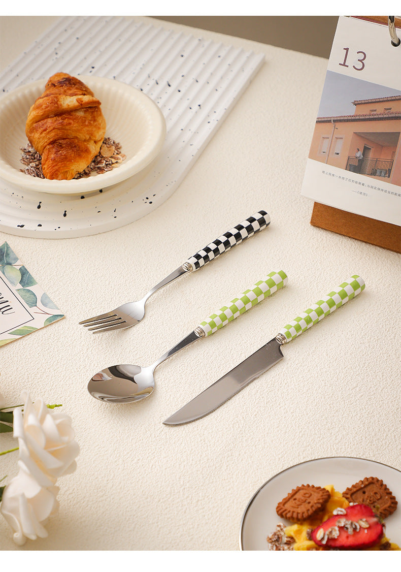 ins Checkerboard Pattern Western Steak Knife and Fork Ceramic Handle Stainless Steel Fork Spoon Dessert Cutlery Set Three-Piece Set