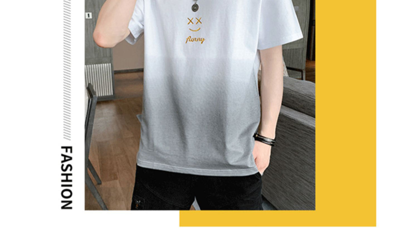 Leisure t Trendy Slim Fit T-Shirt Round Neck Gradient Print Short Sleeve Top T Men's Trendy Versatile Shirt ins Wind