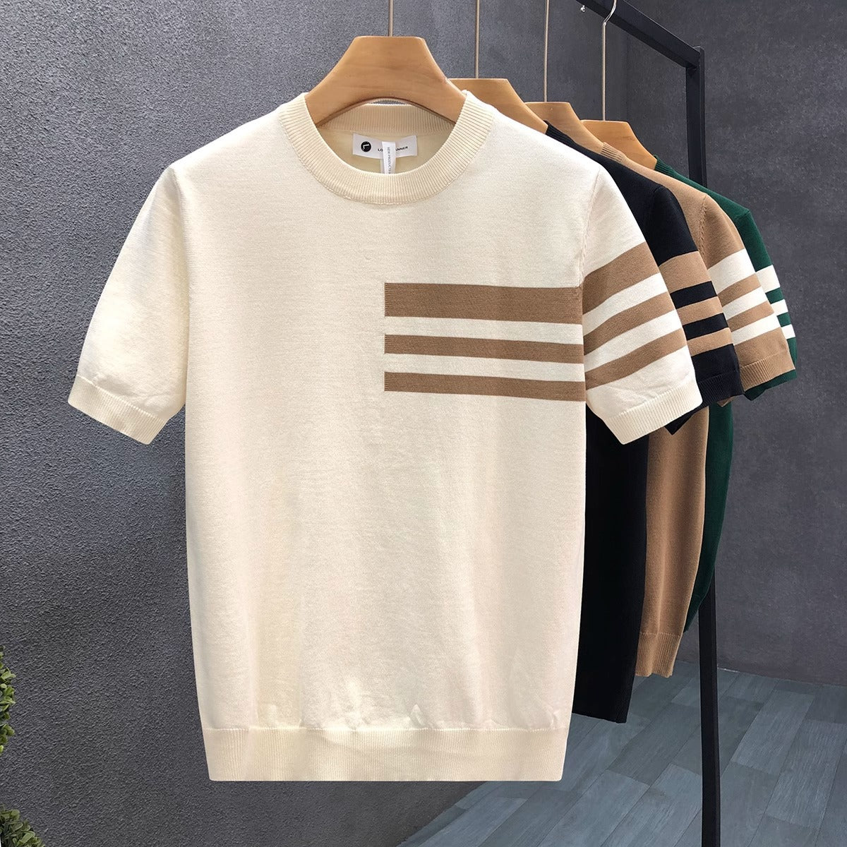 2025New Short Sleeve Knitted Shirt for Men, Striped, Simple, High-End Business, Mature, Slim Fit, Ice Silk T Men's Shirt