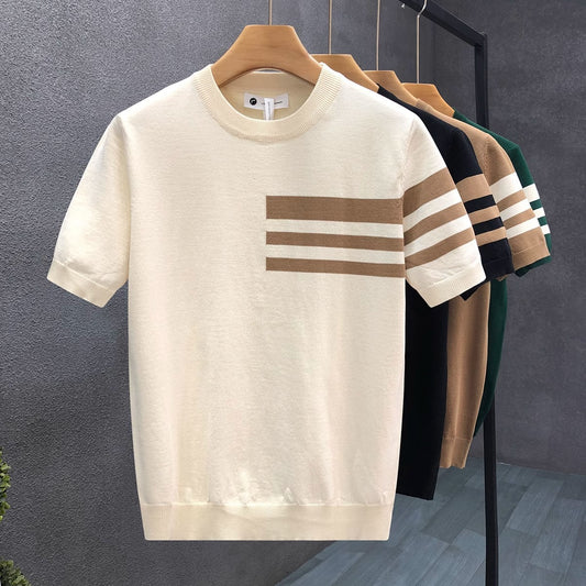 2025New Short Sleeve Knitted Shirt for Men, Striped, Simple, High-End Business, Mature, Slim Fit, Ice Silk T Men's Shirt