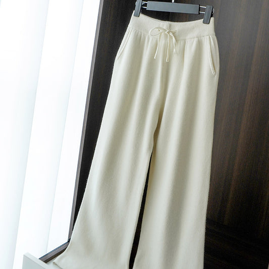 Autumn Winter Thickened Knitted Full Wool Wide-Leg Pants for Women Casual Cashmere High-Waist Draped Loose Straight-Leg Floor-Length Pants