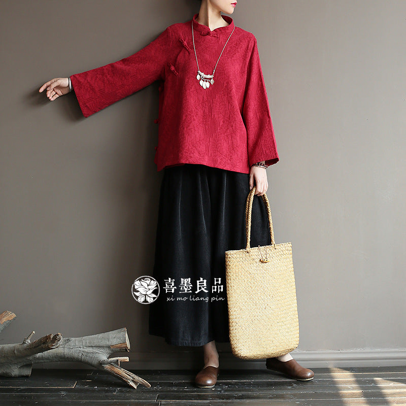 8813Xi Mo Women's Clothing Republic of China Retro Artistic Spring and Autumn New Double Layer Jacquard Button Shirt Chinese Style Short Top