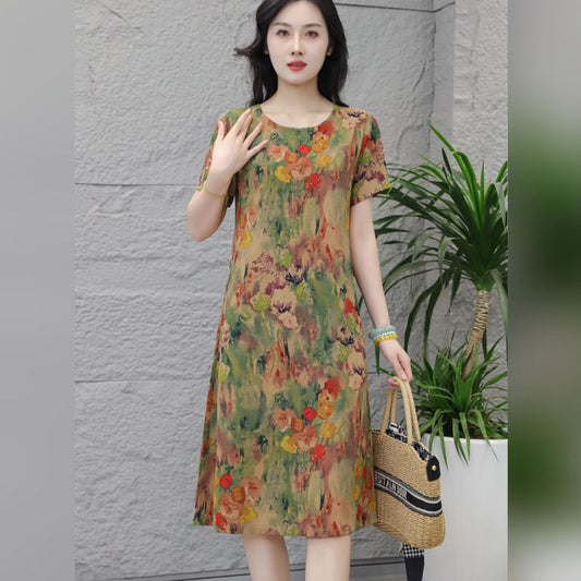 2025Summer New Style High-end Elegant Short Sleeve Dress Plus Size Fashionable Middle-aged Women Slimming Thin Dress