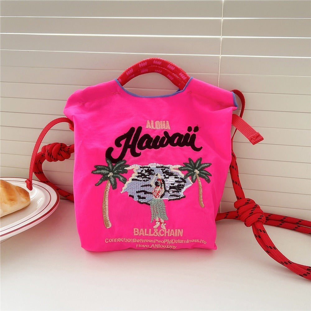 Japanese Style BallChain Same Style Eco-Friendly Embroidered Shopping Bag Nylon Fabric Floral Handheld Niche Fashion Shopping Bag