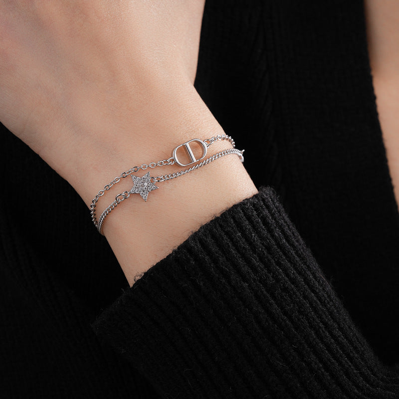 Zircon Star Pig Nose Double Layer Bracelet Niche Light Luxury High-end Versatile Fashion Commuting Vintage Jewelry