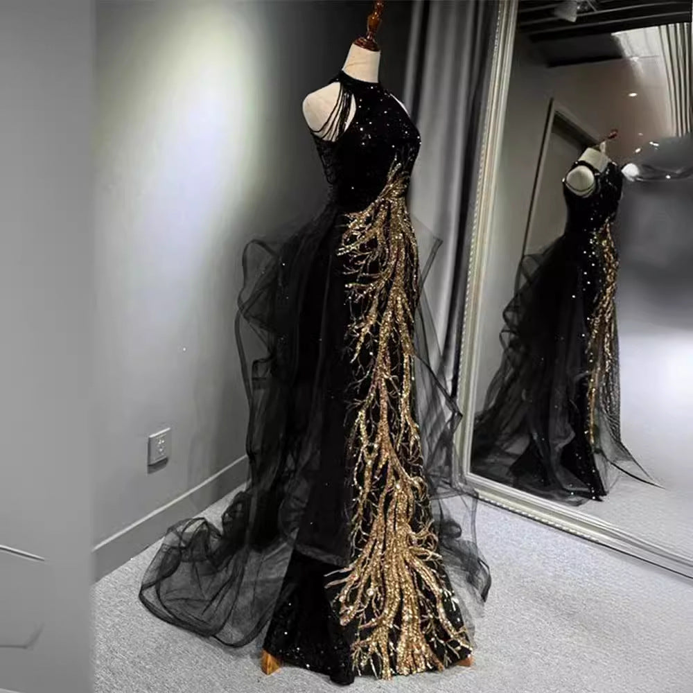 New Evening Dress Black High-End Slim Fit Elegant Socialite Host Halter Neck Mermaid Dress Wedding Toast Dress