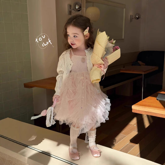 Girls Korean Style Cotton Strap Floral Mesh Princess Dress