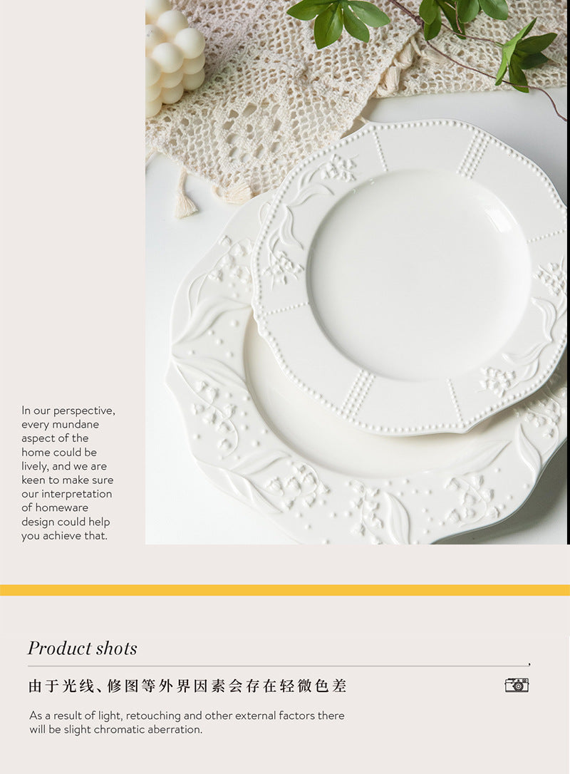 American Relief Lily of the Valley Series Lace Ceramic Western Pasta Plate Pastry Dessert Plate Deep Plate Household Dish Plate