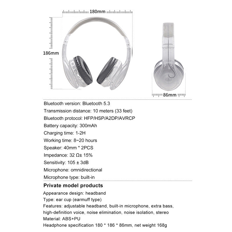 Cross-border New Transparent Headset Bluetooth Earphones Wired Gaming Bluetooth Earphones Noise Cancelling Headset