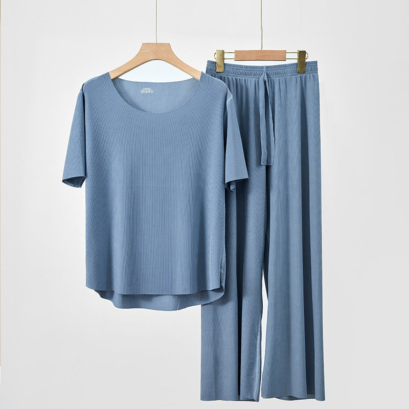 Couple Pajamas Women's Round Neck Short Sleeve Pajama Set Summer Shorts Men's Thin Seamless Ice Silk Homewear Wholesale