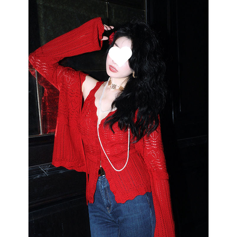 French Style Three-Dimensional Slight Flare V Women's Fashion Collar Suit2025Autumn New Camisole Jacquard Cardigan Two-Piece Set