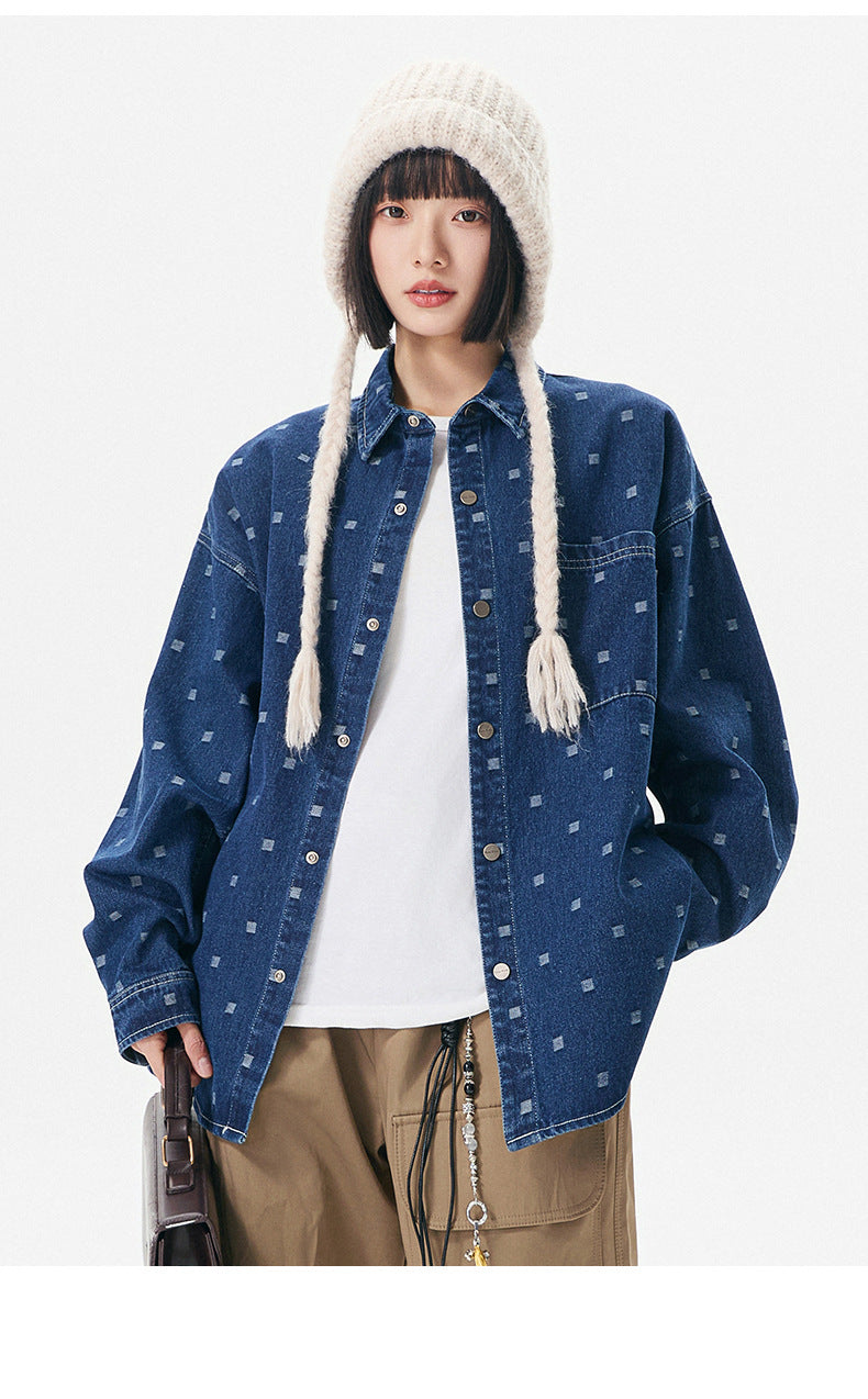 Pattern Jacquard Blue Denim Jacket Men Spring and Autumn Loose Casual Washed Shirt Long Sleeve Shirt Unisex