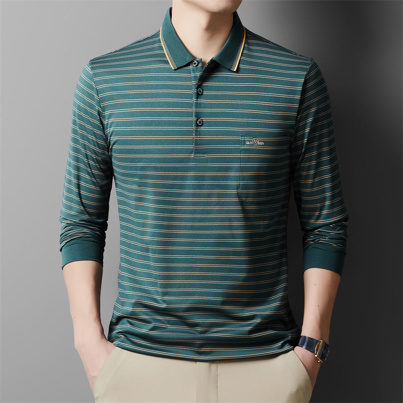 Autumn Men's Long Sleeve Cotton t Shirt for Middle-aged Dad Autumn Outfit with Turn-down Collar and Stripes POLO Base Layer Shirt T Grandpa's clothes