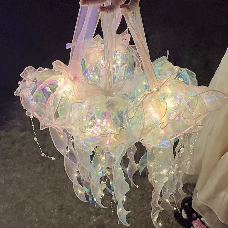 New Handheld Glowing Jellyfish Lantern with Colorful Streamers, Flashing Night Light for Children, Street Stall Night Market Octopus Light Toy