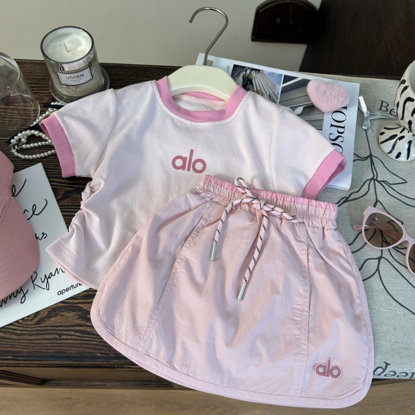 Sweet Little Chef Children's Clothing25New Summer Girls Color Block Letter Short Sleeves T Trendy Pink Skirt Pants Two-Piece Set for Children