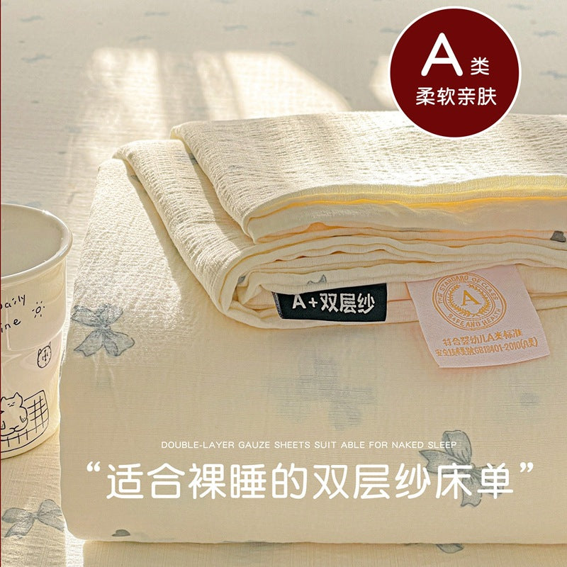 a Double-layer Gauze Bed Sheet Single Piece Fresh Style A Summer-style Naked Sleep Pillowcase Single Double Student Dormitory Three-piece Set