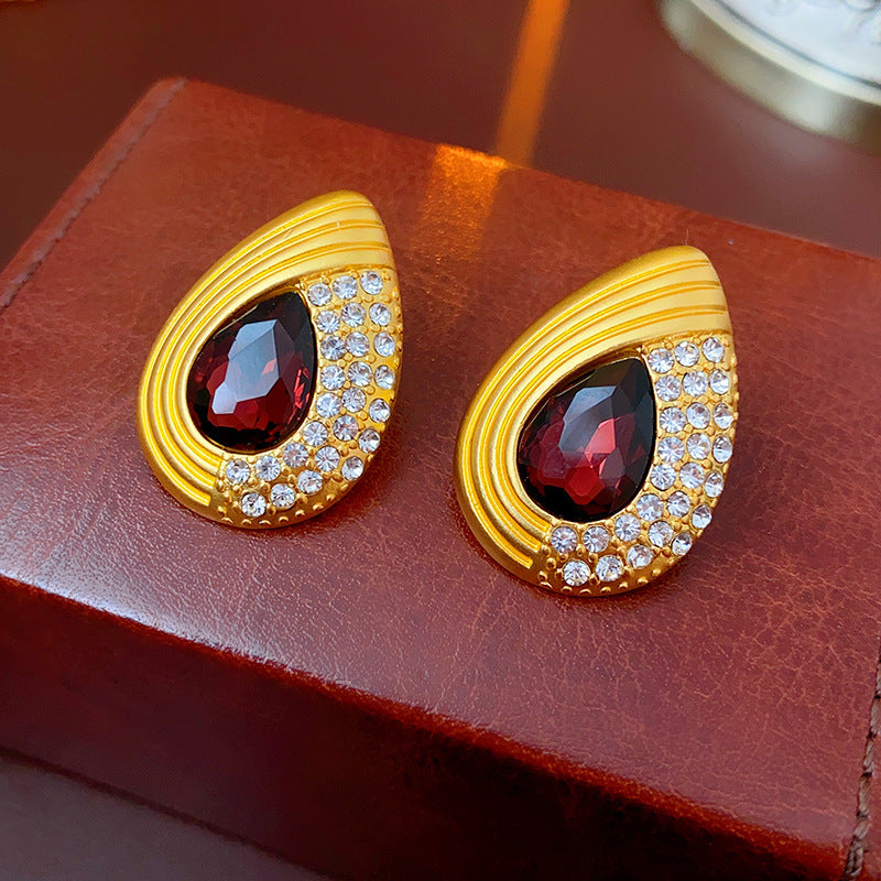 Silver Needle Ancora Red Oil Drop Geometric Earrings Niche Versatile Retro Elegant Studs High-end Fashion Earrings for Women