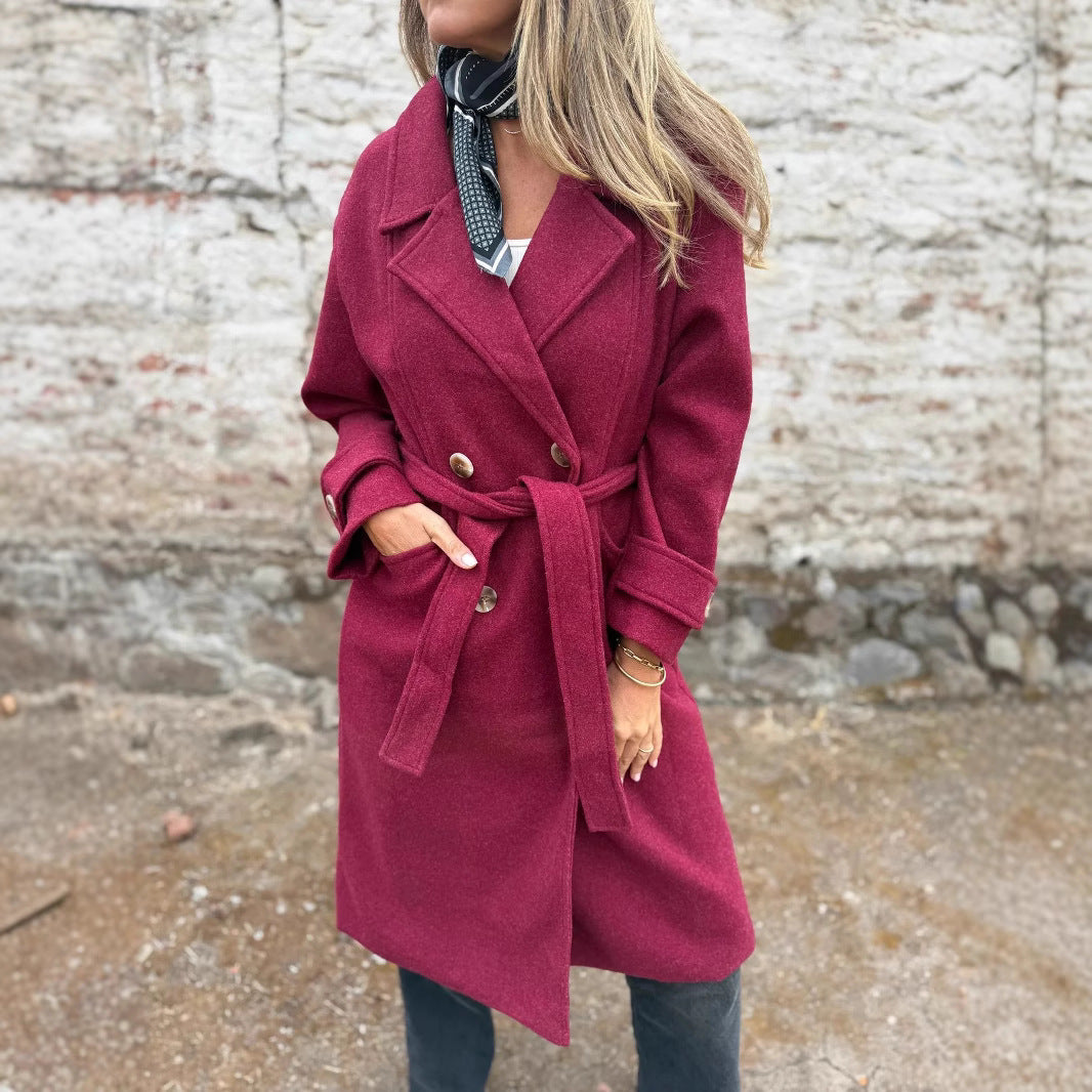 2025Amazon European and American Cross-Border Autumn Winter New Lace-Up Cardigan Casual Long Sleeve Turn-Down Collar Woolen Pocket Coat for Women