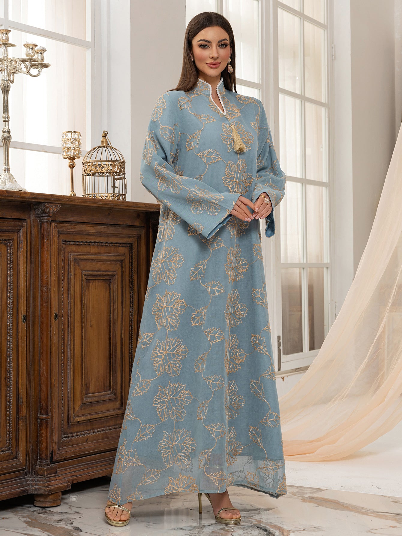 Cross-Border New Leaf Embroidery Tassel Middle Eastern Muslim Clothing Long Dress Fashion Elegant Cover-Up Dress Robe