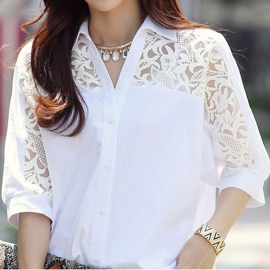 Foreign Trade Southeast Asia Plus Size Fat MM Chiffon Blouse Lace Blouse Loose Five-Quarter Sleeve Short Sleeve Shirt Southeast Asian Style