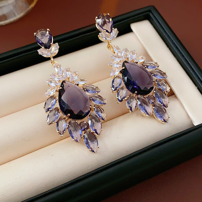 Medieval vintage Zircon Earrings Silver Needle Exaggerated Heavy Craft Flower Water Drop Studs Light Luxury High-end Feel Earrings for Women