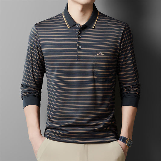 Autumn Men's Long Sleeve Cotton t Shirt for Middle-aged Dad Autumn Outfit with Turn-down Collar and Stripes POLO Base Layer Shirt T Grandpa's clothes