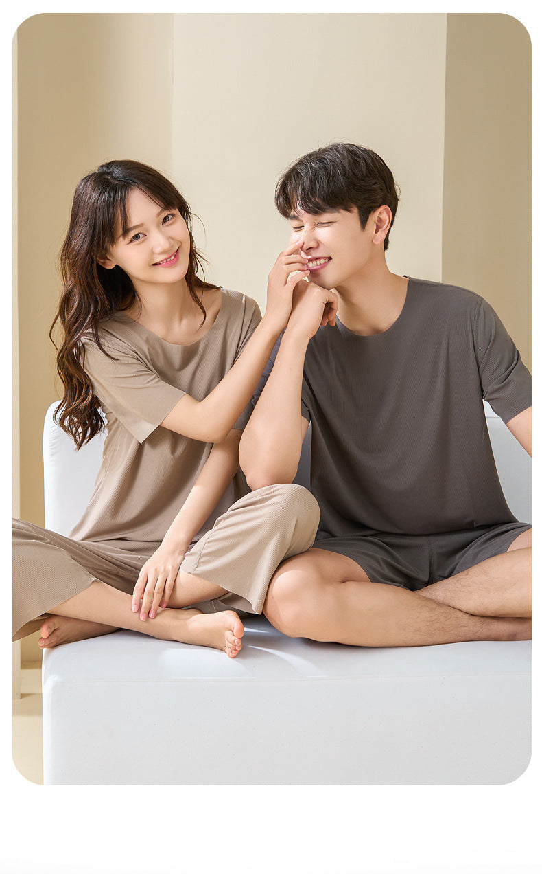 Couple Pajamas Women's Round Neck Short Sleeve Pajama Set Summer Shorts Men's Thin Seamless Ice Silk Homewear Wholesale