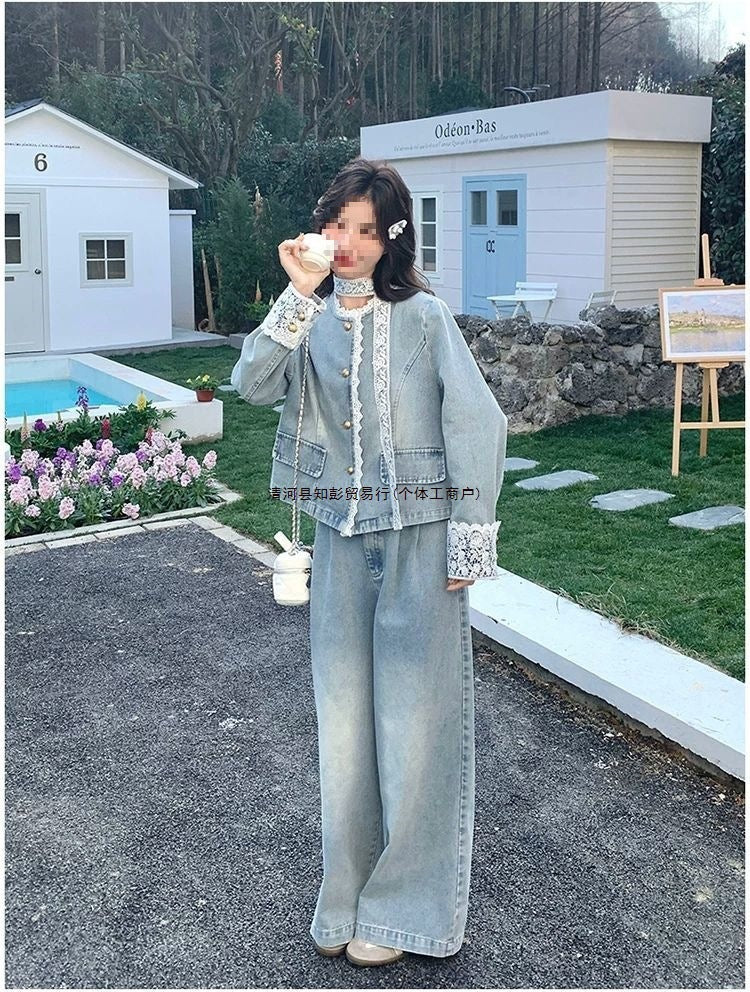 Lace patchwork denim wide-leg pants set for women spring and autumn2025The new two-piece set is absolutely stunning and super trendy