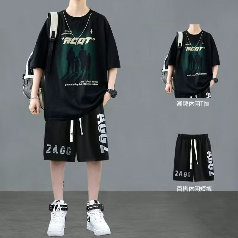 Summer Teenage Suit Boys Short Sleeve T T-shirt Short Sleeve New Style High School Student Trendy Casual Sports Two Pieces