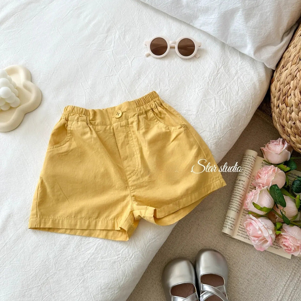 【Little Salted Lemon Seven】Summer New Korean Style Girls' Casual Cute Children's Shorts Baby Solid Color Five-Point Shorts Trendy