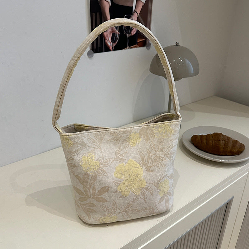 Lady's New Chinese Style Starlight Dream Tote Bag Black Shoulder Bag Embroidered Flower Vintage Handbag