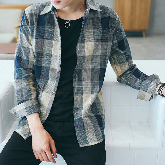 2025Plaid Long Sleeve Shirt Men Korean Version Slim Fit Youth Trendy Handsome Shirt Couple Casual Thin Shirt