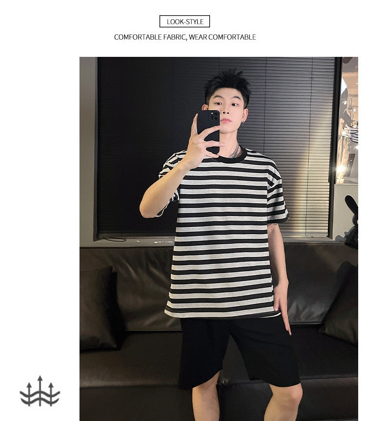 Couple Summer New Pajamas Women's Short Sleeve Imitation Cotton Nightdress Korean Style Wearable Men's Homewear Striped Set