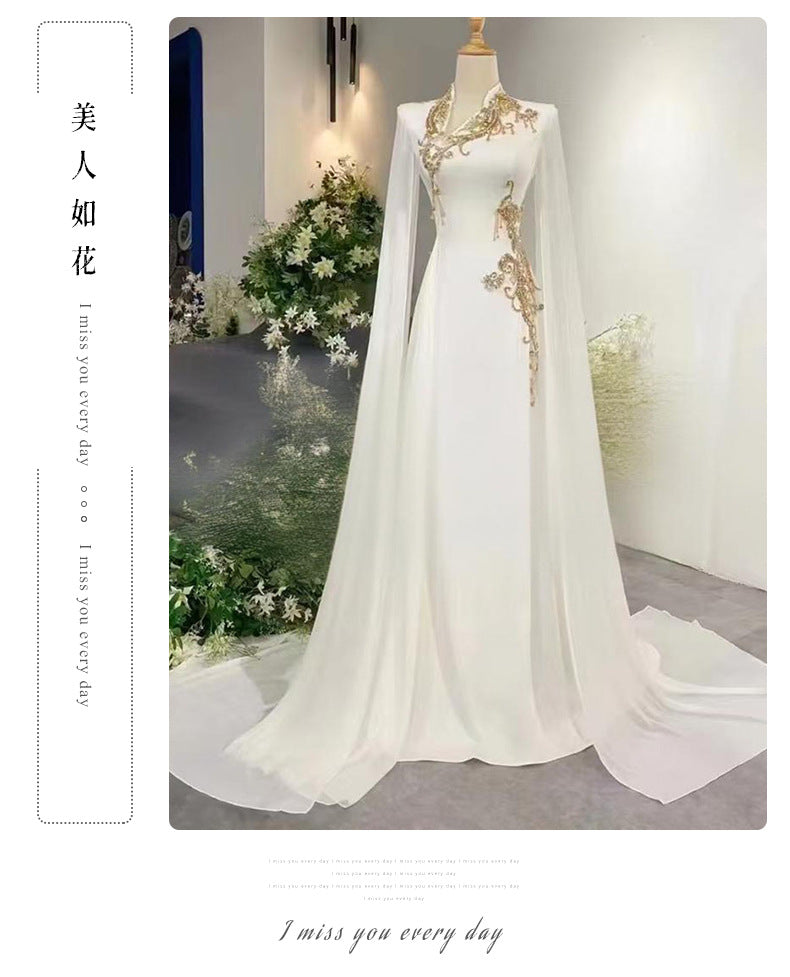 White evening dress with a high-end feel2025New Model Music Student Art Exam Vocal Performance Female Singer Folk Song Solo Performance Elegant