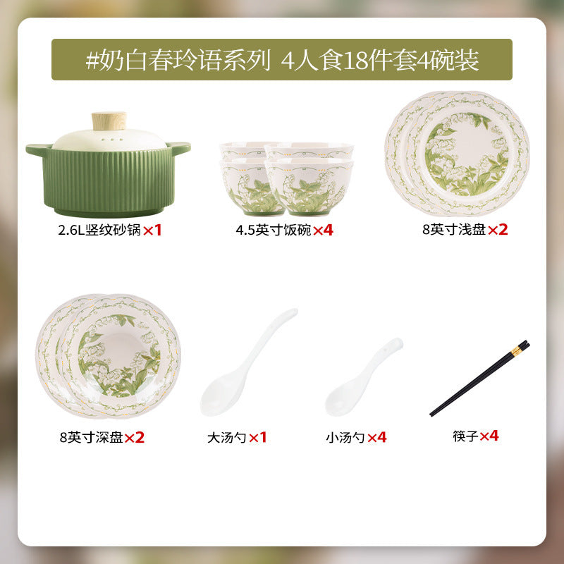 Lily of the Valley Bowl and Plate Set Household Ceramic Tableware Set Pastoral Style High-Value Underglaze Color Vegetable Plate Soup Plate Bowl and Chopsticks