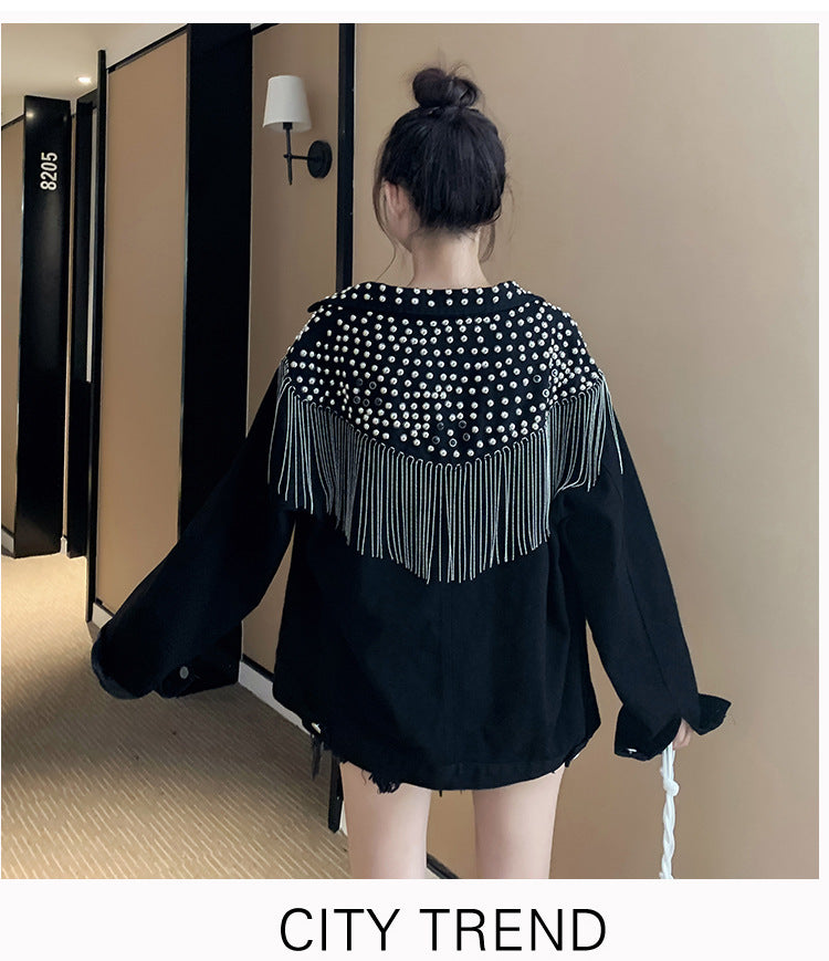 European and American New Style Tassel Heavy Embellished Rhinestone Rivet Long Sleeve Korean Version Loose Slimming Fashion Beaded Denim Jacket for Women