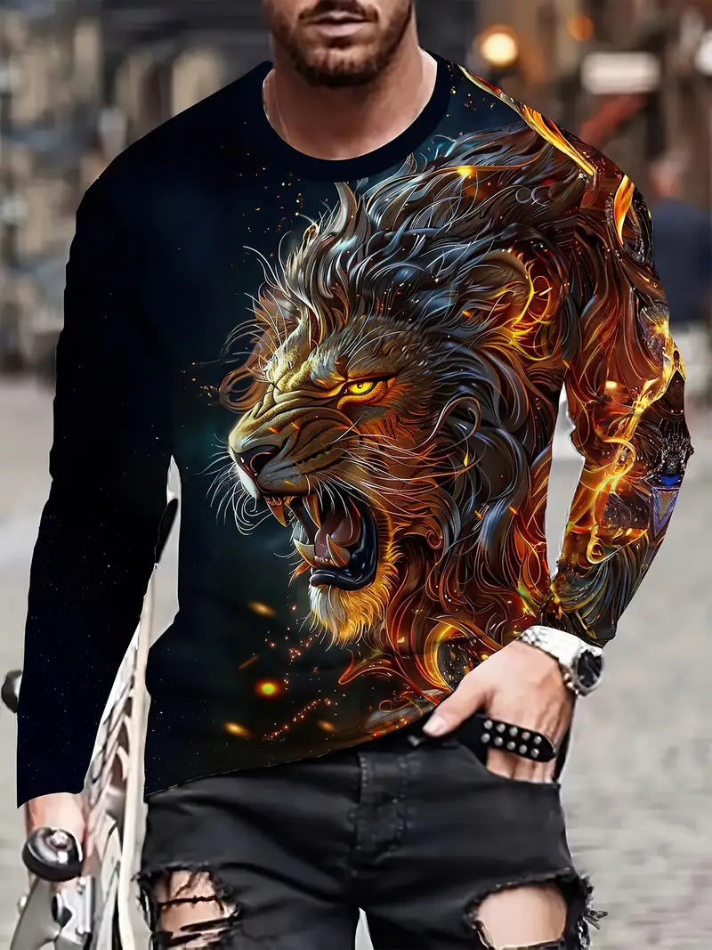 European and American Cross-Border Amazon Foreign Trade Men's Animal Fashion3D Digital Printing Casual Round Neck Long Sleeves T T-Shirt Wholesale