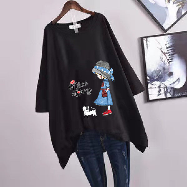200Plus Size Women's Summer Leaf Print Casual Split Mid-Length Short Sleeve Dress T Women's Loose Fit Plus Size Shirt