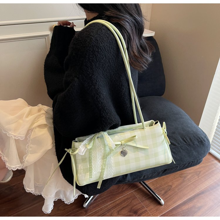 Dopamine Plaid Handbag Small Tote Bag for Women Summer2025New Ballet Style Bow Baguette Bag Underarm Bag Trendy
