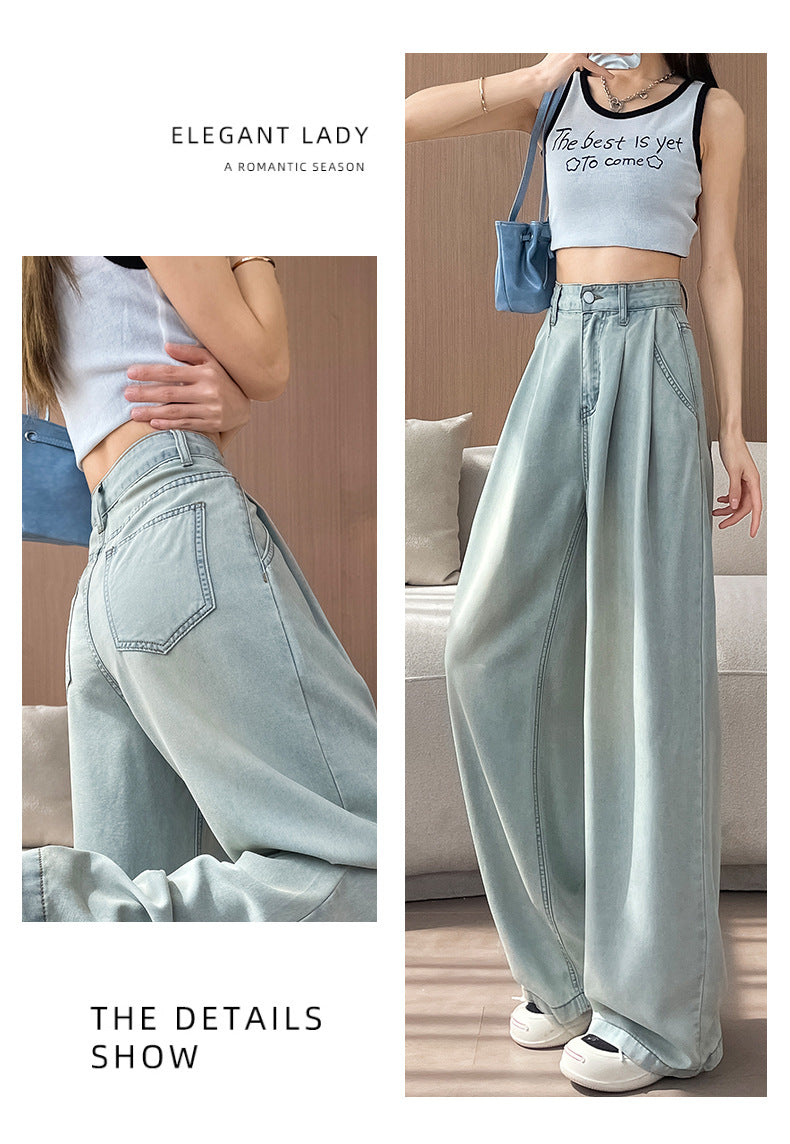Light Color Tencel Wide Leg Jeans Women Summer Thin High Waist Draped Slimming Design Sense Ice Silk Straight Floor Length Pants
